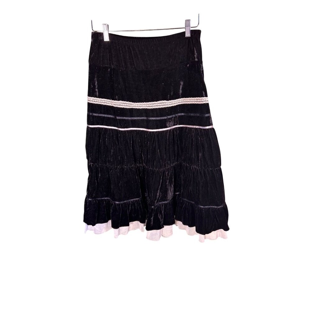 Black Tiered Skirt Sz Small Crushed Velvet Lace Flare Whimsy Cottage Core Boho